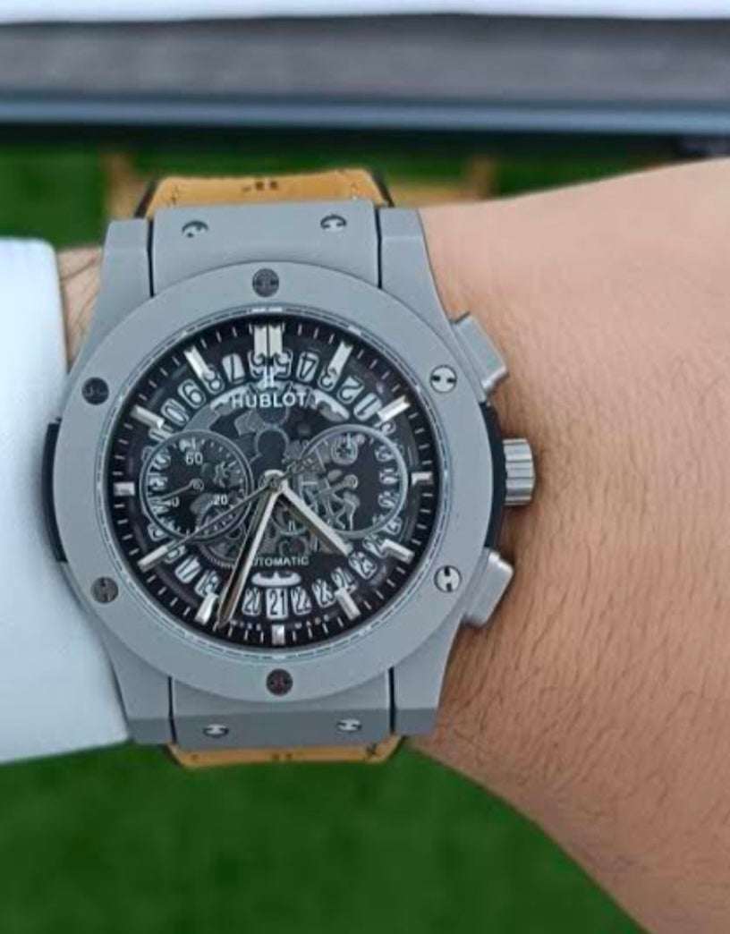 Luxury Hublot Style Watch Chronograph Dial Soft Leather Strap Gift for Men