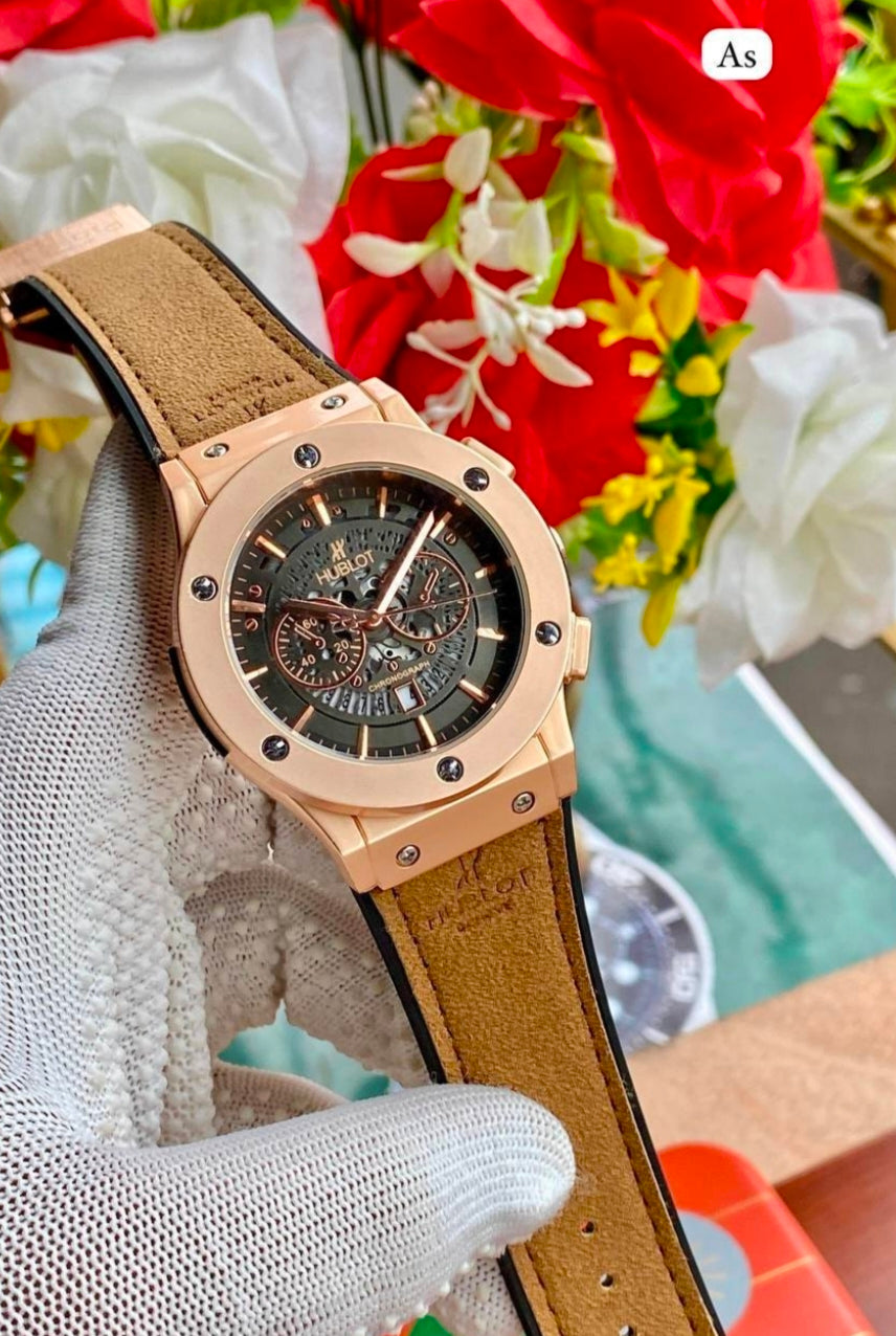 Luxury Hublot Style Watch Chronograph Dial Soft Leather Strap Gift for Men